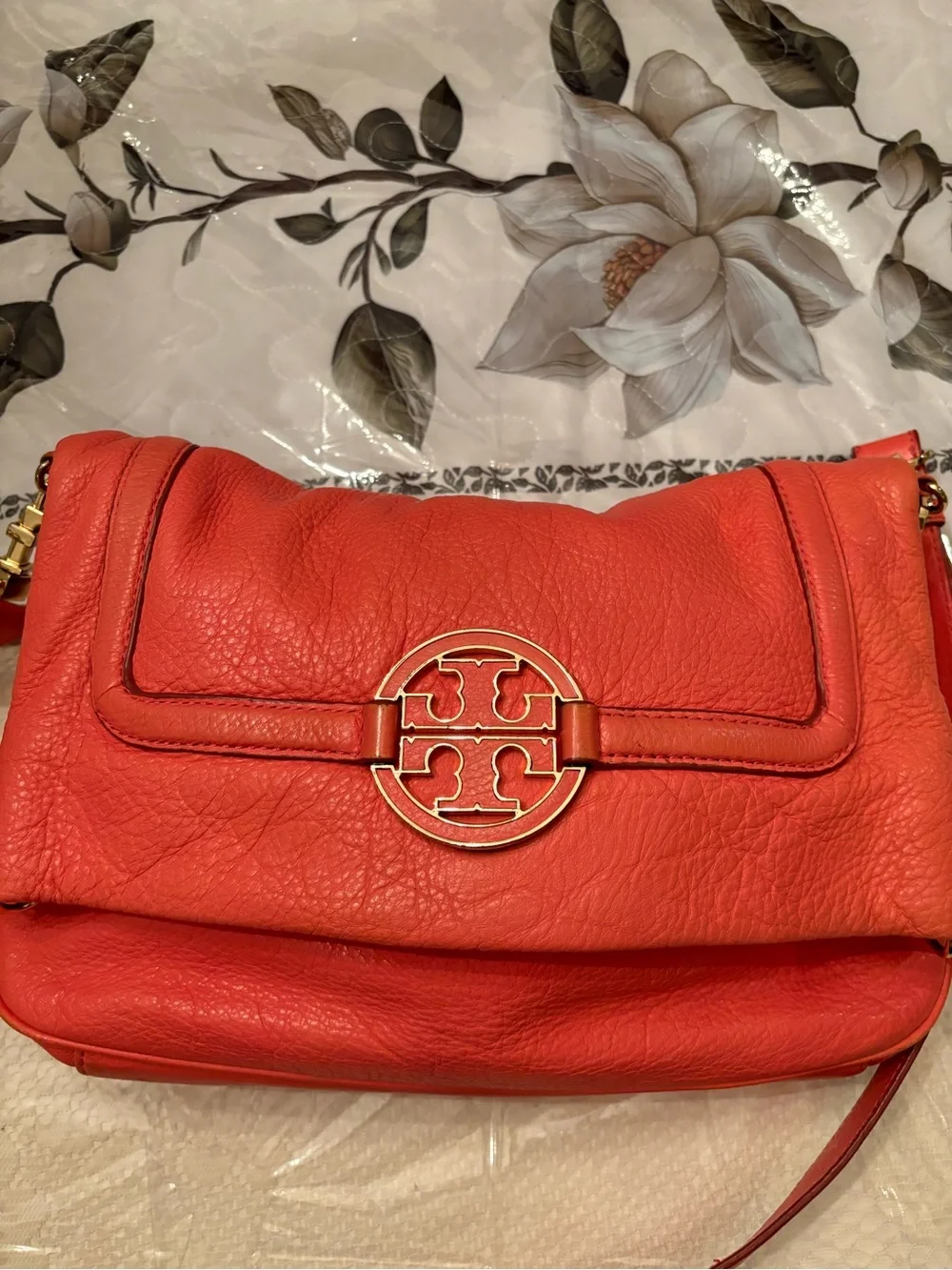 Tory Burch Coral Pink Leather Shoulder Bag with Logo Accent and Adjustable Strap